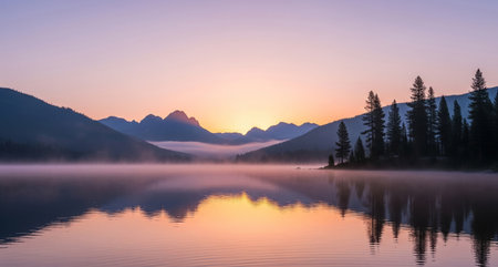 Mountain lake in the morning mist, Banff National Park, Alberta, Canadaの写真素材
