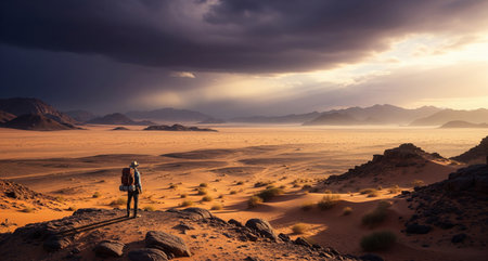 Hiker in the Sahara desert, Morocco, Africa. Sunset timeの写真素材