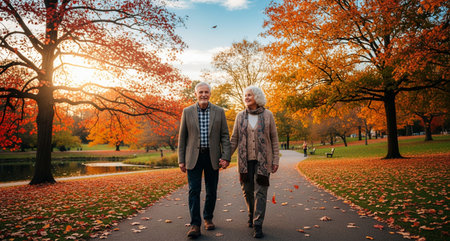Senior couple walking in the autumn park. Happy senior couple walking in the autumn park.の写真素材
