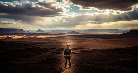 Hiker in Monument Valley National Park, Arizona, United States.