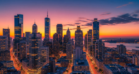 New York downtown skyline at sunset, Manhattan, United States of America.の写真素材