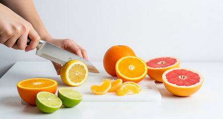 Female hands cutting citrus fruit on a cutting board on a white backgroundの写真素材