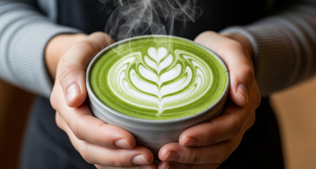 Closeup of a woman holding a cup of matcha latteの写真素材