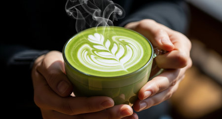 Closeup of a woman holding a cup of matcha latteの写真素材