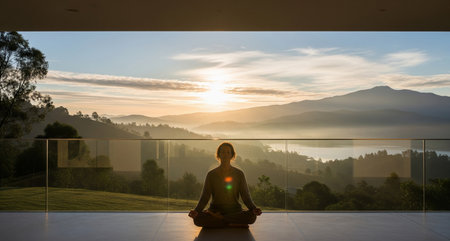 Woman meditating in lotus position on terrace with mountain view