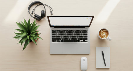 Top view of modern workplace with laptop, smartphone, headphones and coffee cup on wooden background.の写真素材