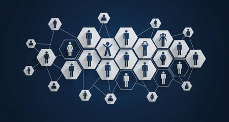 Social network structure with people icons on blue background. 3D rendering
