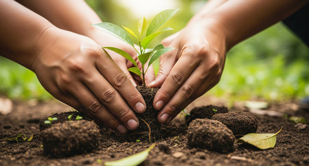 Close-up of young woman and man hands planting trees in the ground