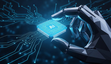 Close up of robot hand touching microchip on blue background 3D renderingの写真素材