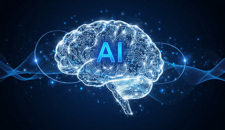 Abstract Artificial intelligence (AI) concept. Circuit board human brain on blue background. 3D...