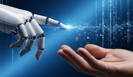 View of a Cyborg hand touching a futuristic interface - 3d rendering