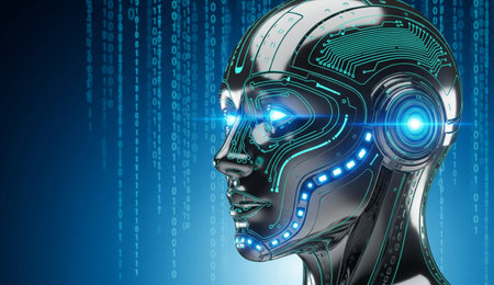3d rendering artificial intelligence cyborg with circuit board on blue background