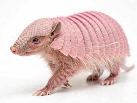 A pink fairy armadillo is walking on a white surface. The shot is a studio shot and is isolated.の写真素材