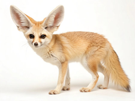 a light brown fennec fox with large ears standing on a white background looking forward alertly.の写真素材
