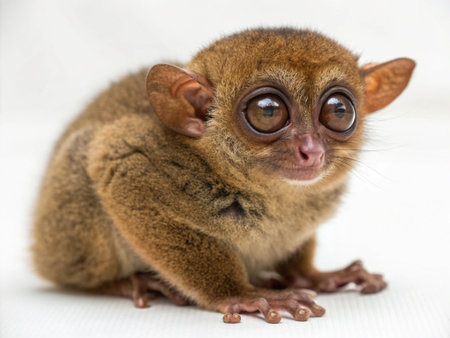 a close up shot of a cute tarsier with big eyes, sitting and looking directly at the camera on whiteの写真素材