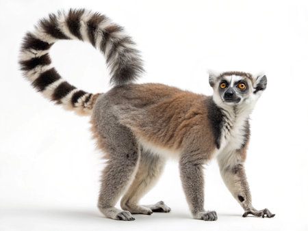 a ring tailed lemur stands on a white background, looking directly at the camera with its bright eyesの写真素材