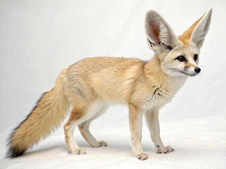 a fennec fox stands alert on a white background, showcasing its large ears and tan fur coat.の写真素材