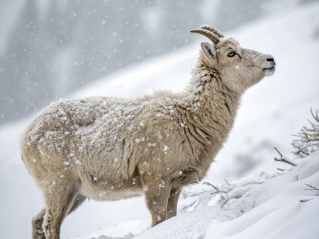 a bighorn sheep stands in the snow, its fur covered in snowflakes, during a cold winter day.の写真素材