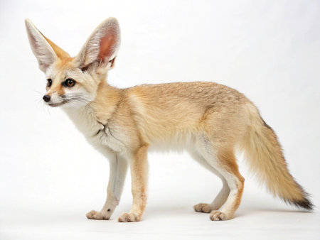 a fennec fox is standing on a white background and looking to the left side of the image frameの写真素材