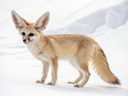 a fennec fox stands alert in a snowy environment, showcasing its distinctive large ears and sandy fur coatの写真素材