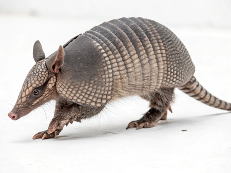a nine banded armadillo walks on a white surface, captured in a studio shot with a plain backgroundの写真素材