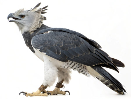 a majestic harpy eagle stands tall, its gray and white plumage contrasting against a clean white backgroundの写真素材