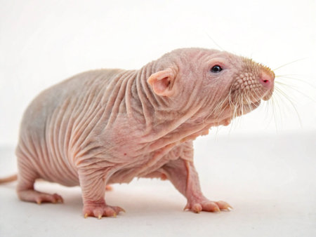 a hairless naked mole rat stands on a white surface, looking to the right side of the frame in studio lightの写真素材