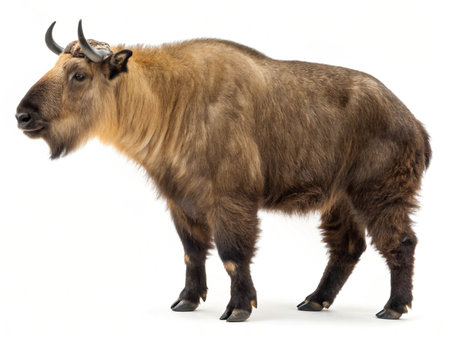 a side view of a takin with brown and tan fur standing on a white background in a studio shotの写真素材