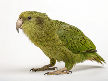 A green kaka parrot stands on a white studio background, showcasing its plumage and unique features.の写真素材