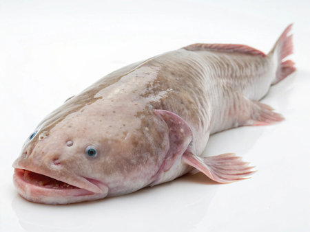 a blobfish is displayed with an open mouth on a white background in a studio shot, close up view