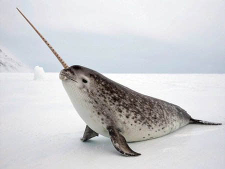 a narwhal rests on a sheet of ice in its arctic habitat, showing its long tusk in a polar landscapeの写真素材