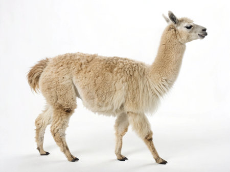 a full body shot of a llama with light brown fur walking. the background is plain and white in colorの写真素材