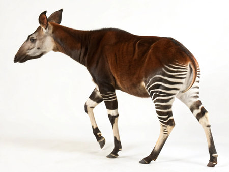 a full body shot of an okapi walking on a white background, showcasing its unique stripes and featuresの写真素材