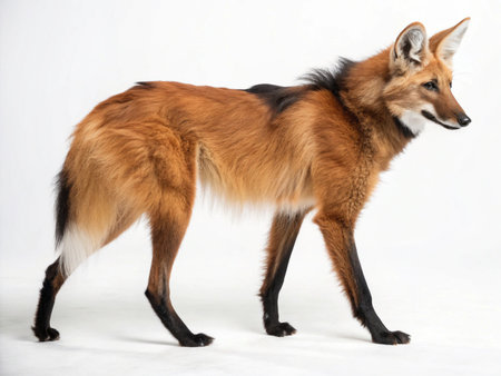 a maned wolf stands tall with its distinctive reddish brown fur and long legs against white...