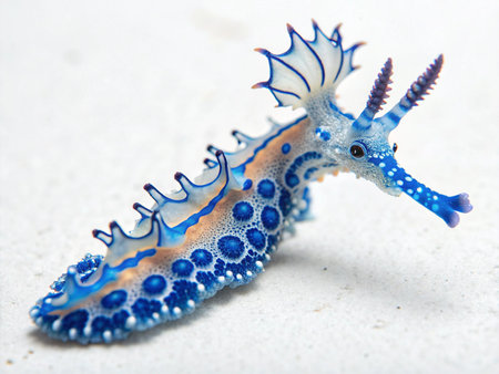 a detailed close up of a stunning blue and white nudibranch resting on a light colored surface