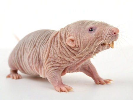 a naked mole rat stands on a white surface, showcasing its wrinkled skin and prominent teeth in a studio shotの写真素材