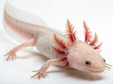 a detailed shot of a leucistic axolotl, showcasing its delicate gills and unique features on white surfaceの写真素材