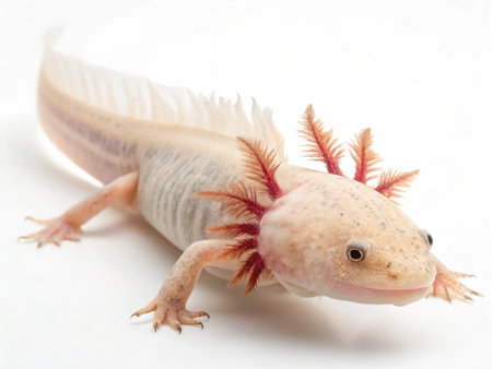 a close up studio shot of a leucistic axolotl on a white background, showing its gills and unique featuresの写真素材