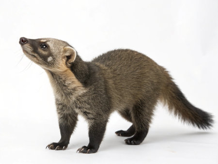 Close-up of a coati in front of a white background