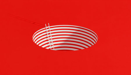 a striking image featuring an oval hole with white stripes and a ladder, set against a vibrant red background.の写真素材