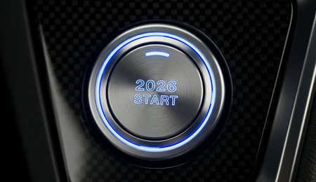 a close up shot of a start button with 2026 illuminated in blue light, set against a modern...