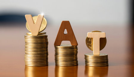 close up of vat letters atop stacks of gold coins on a shiny brown surface, representing value added tax conceptの写真素材
