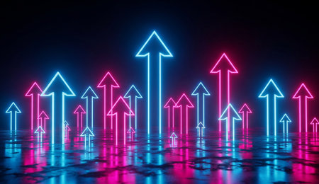 a vibrant display of neon arrows in blue and pink, pointing upwards on a reflective surface, symbolizing growth and progressの写真素材