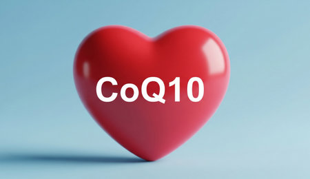 a red heart with the text coq10 on a light blue background in a studio shot for health and wellness promotionの写真素材