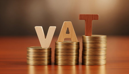 a close up image of vat letters on stacks of coins showing the value added tax concept and financial ideas.の写真素材
