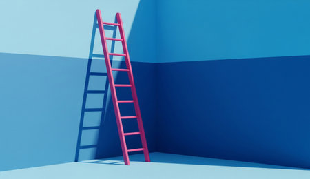 a pink ladder is leaning against a blue wall in the corner of a room, creating a simple and modern art pieceの写真素材