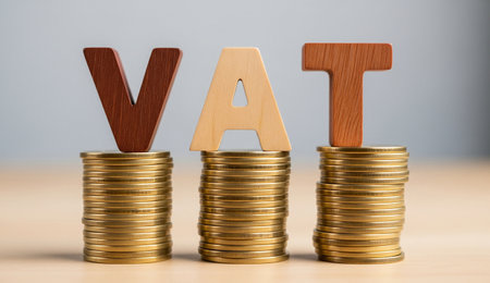 wooden vat letters on stacks of coins. this image represents the concept of value added tax and its impact.の写真素材