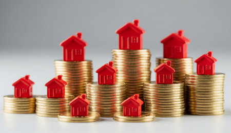 a composition of red toy houses sitting atop stacks of gold coins, set against a neutral gray backdrop in a still lifeの写真素材