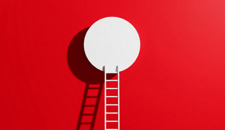 A simple image of a white ladder leading to a white circle on a bright red background with a shadow...