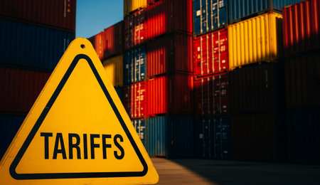 A yellow warning sign labeled tariffs is in front of stacked shipping containers at a port symbolizing trade issues.の写真素材